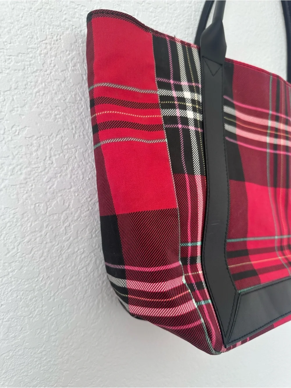 Victoria's Secret Red and Black Plaid Tote with Floral Accent